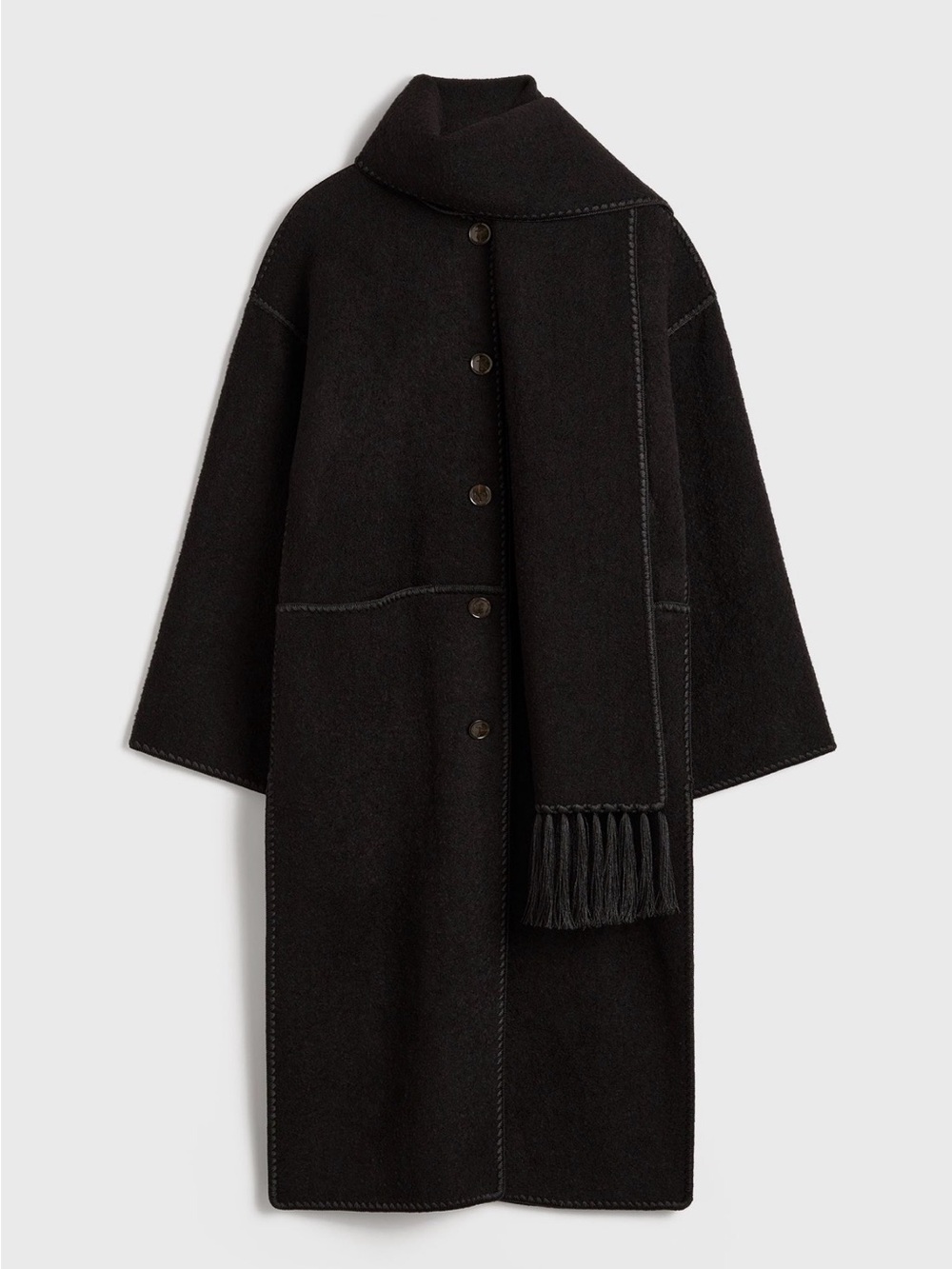 Toteme Black Long Wool Button Coat with Scarf - Picture 7 of 7